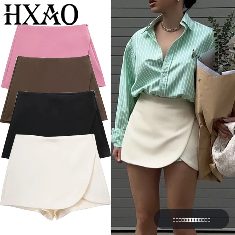 Short-jupe pour femmes HXAO - Été, taille haute, beige, noir, rose, marron - Asymétrique, coupe décontractée pour le bureau