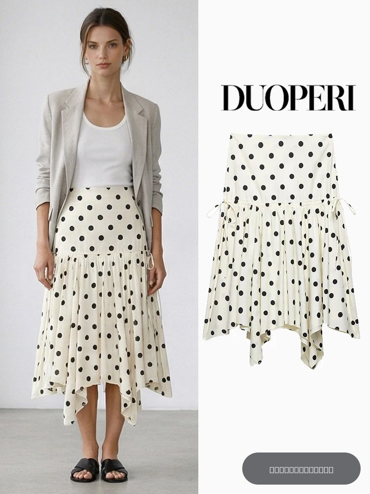 DUOPERI – jupe mi-longue plissée asymétrique à pois pour femmes, style vintage, taille haute, fermeture éclair latérale, chic et élégante