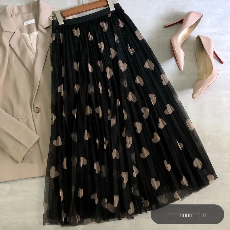 Jupe longue plissée en maille pour femme, jupe maxi en tulle, imprimé cœur, taille haute, esthétique féminine, mode printemps et été 2022