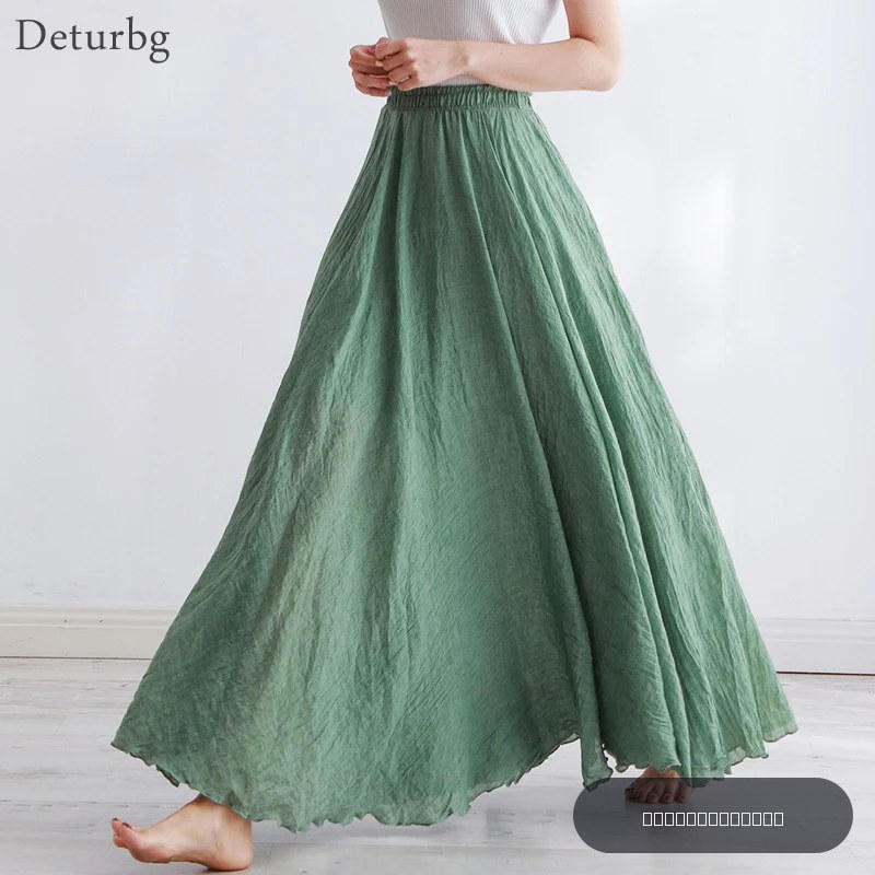 Jupe Maxi en coton et lin pour femmes, tenue de plage décontractée, taille haute, plissée, ligne a, style Boho