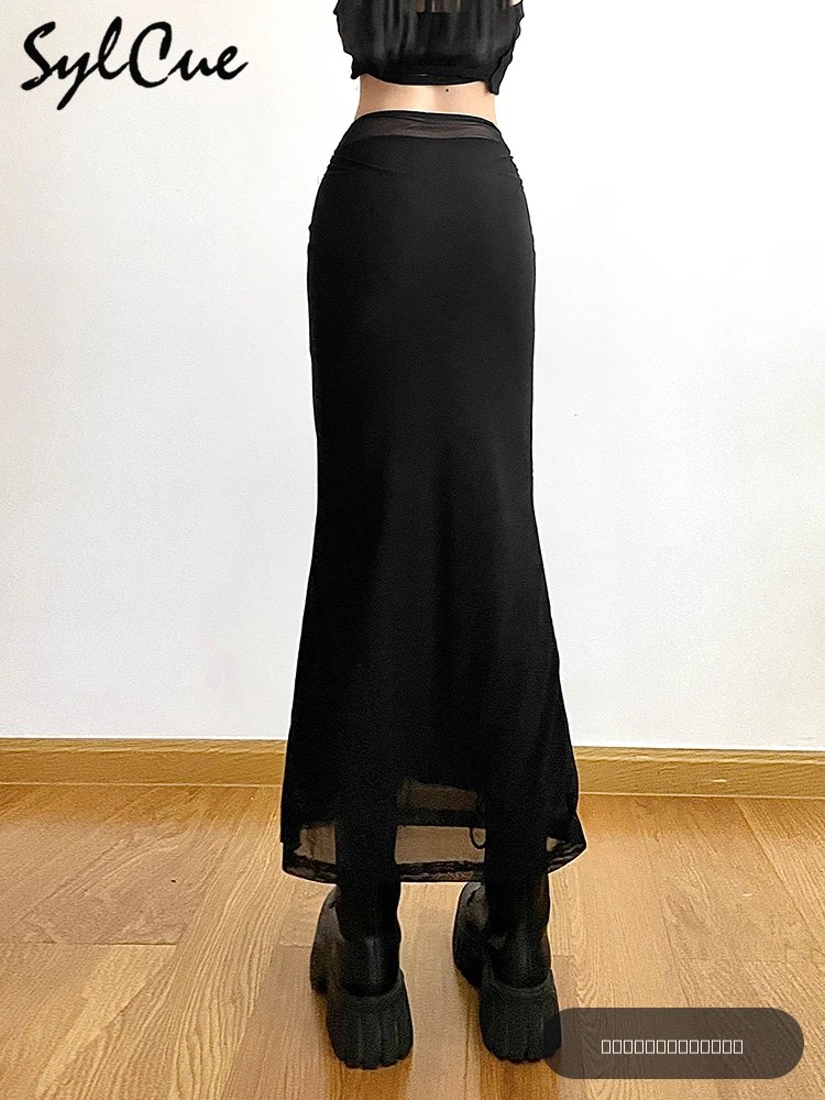 Sylcue noir Simple tout-match décontracté banlieue été rue voyage Cool jeunesse vitalité serré Sexy haute élastique femmes jupe