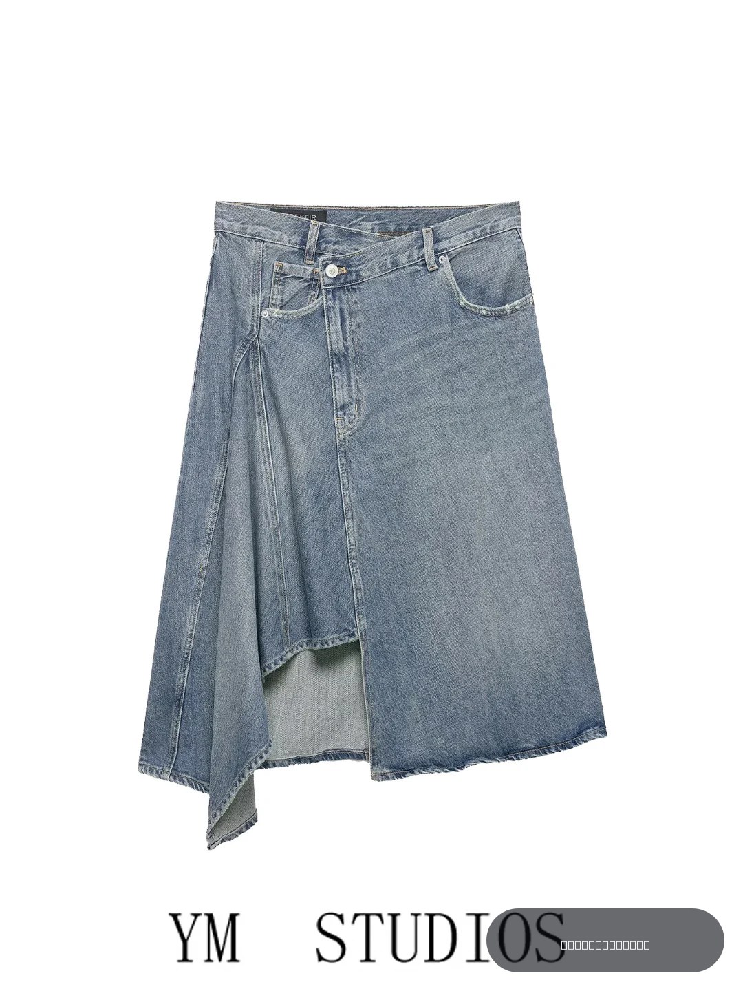 Jupe midi asymétrique en jean délavé style américain, taille haute, coupe trapèze, pour femme, en fibre de polyester, jupe de base tendance