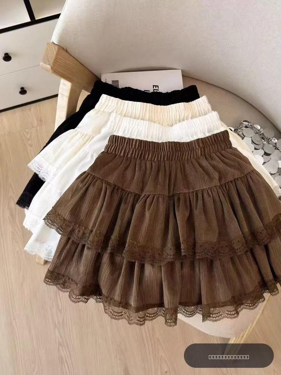 Jupe courte évasée taille haute style ballet avec volants et dentelle superposée pour femme, taille élastique anti-âge