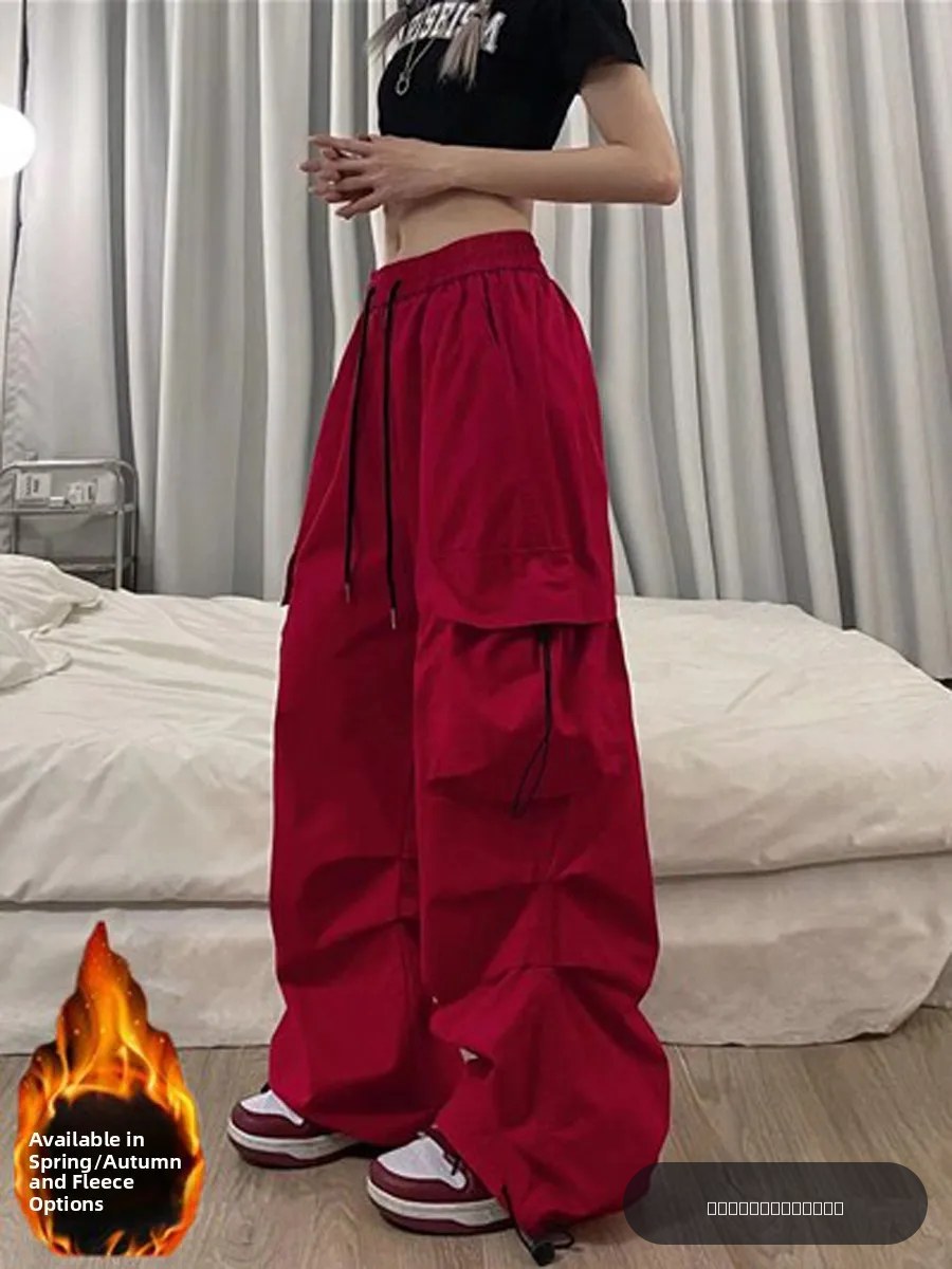 Pantalon de travail à séchage rapide de style américain pour femmes, pantalon de sport décontracté à taille haute et à jambes larges, couleur rouge vin tendance, printemps-automne