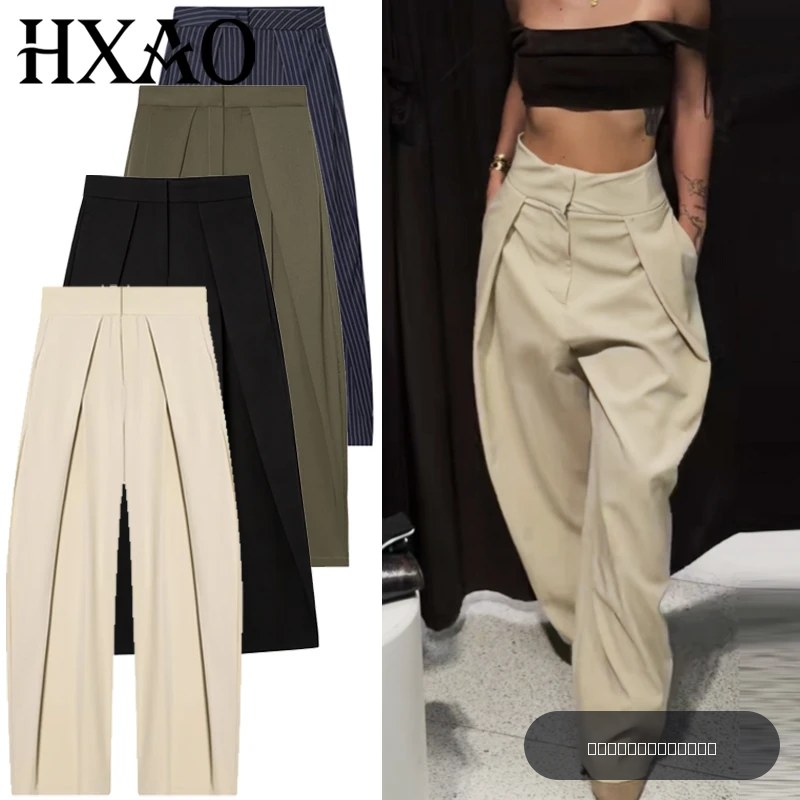 HXAO pantalon baggy rayé pantalon femme automne 2025 élégant plissé jambe large pantalon surdimensionné dames mode taille haute pantalon