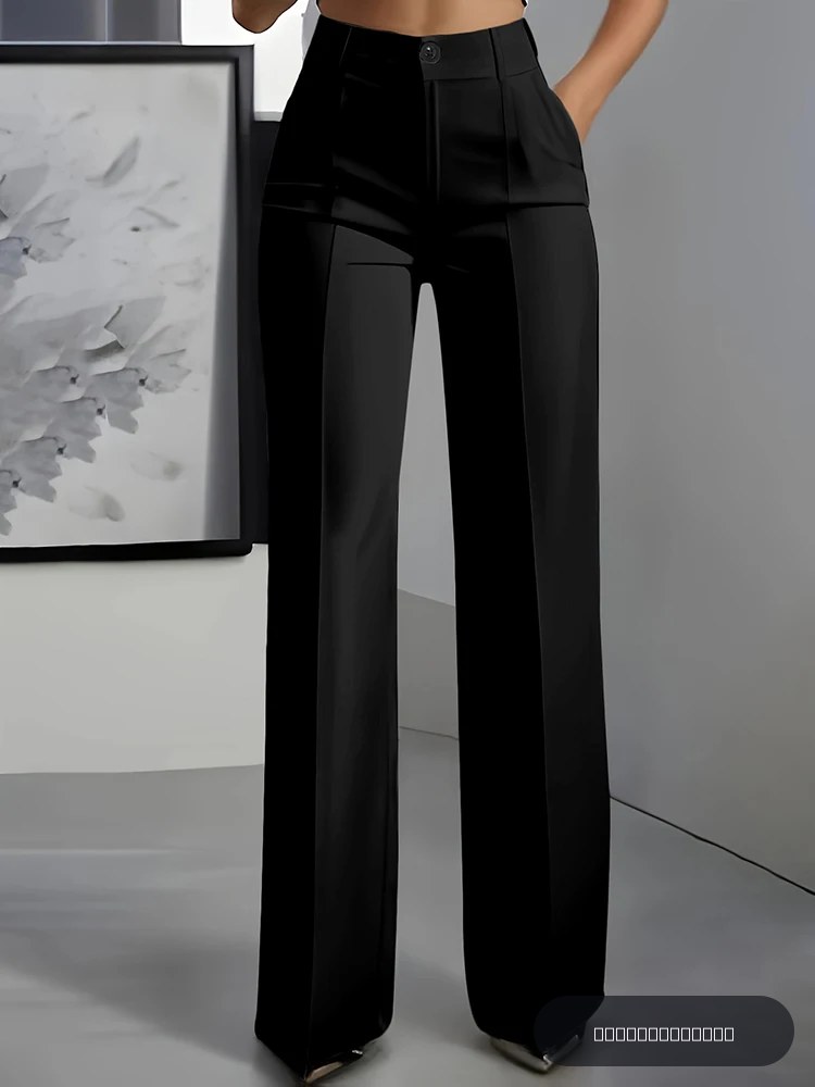 Pantalon de bureau taille haute pour femme, coupe large, noir uni, plissé, élégant, professionnel, longueur complète