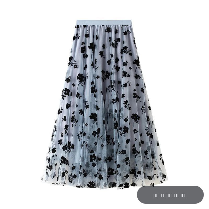 Jupes mi-longues plissées à fleurs pour femmes, jupes en tulle, taille haute, flocage coréen, maille élégante, dames de bureau, été, nouveau