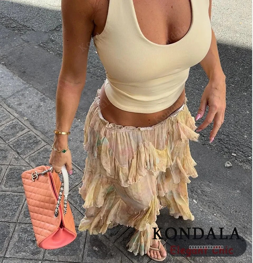 Jupe longue élégante KONDALA pour femme, style hippie, imprimé dégradé, à volants étagés, collection été 2026, pour les vacances, style bohème chic