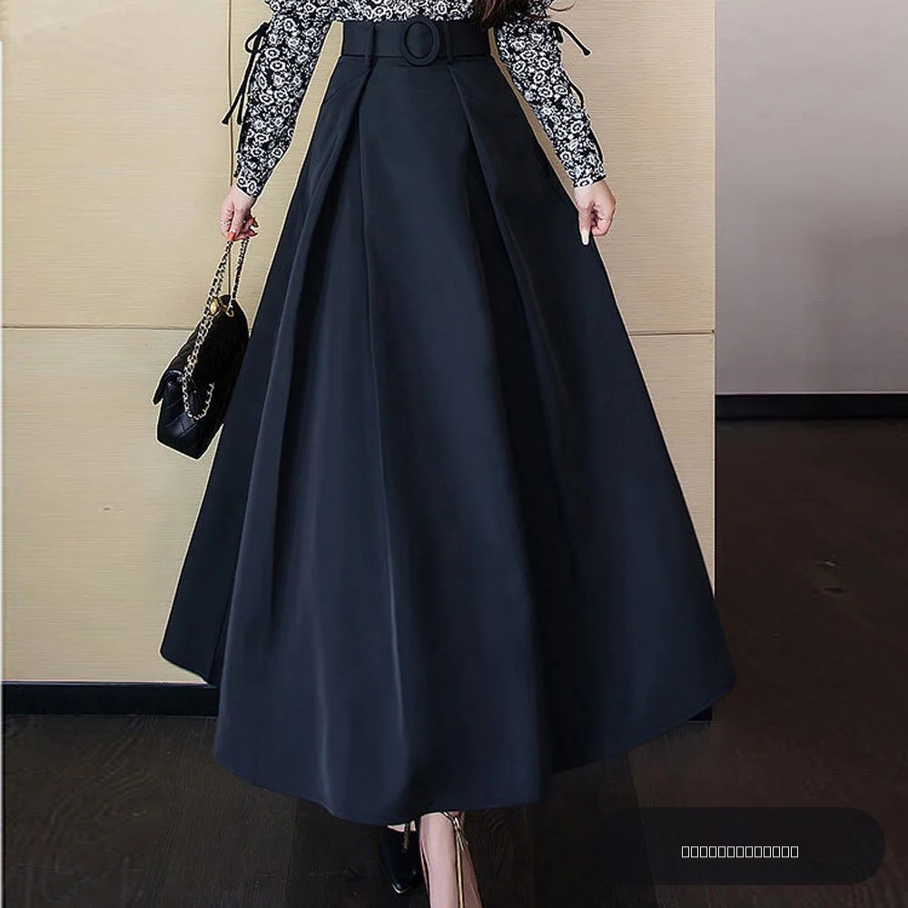 FairyShely 2026 Nouvelle Jupe Longue Plissée Taille Haute pour Femme, Élastique, Noire, Coupe Trapèze, avec Ceinture, Printemps Automne, Style Bureau