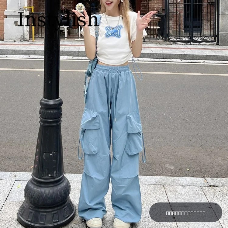 Pantalon de travail américain pour femme, style rétro, séchage rapide, été, coupe droite haute, jambe large, avec franges, ample, décontracté, longueur au sol, tendance