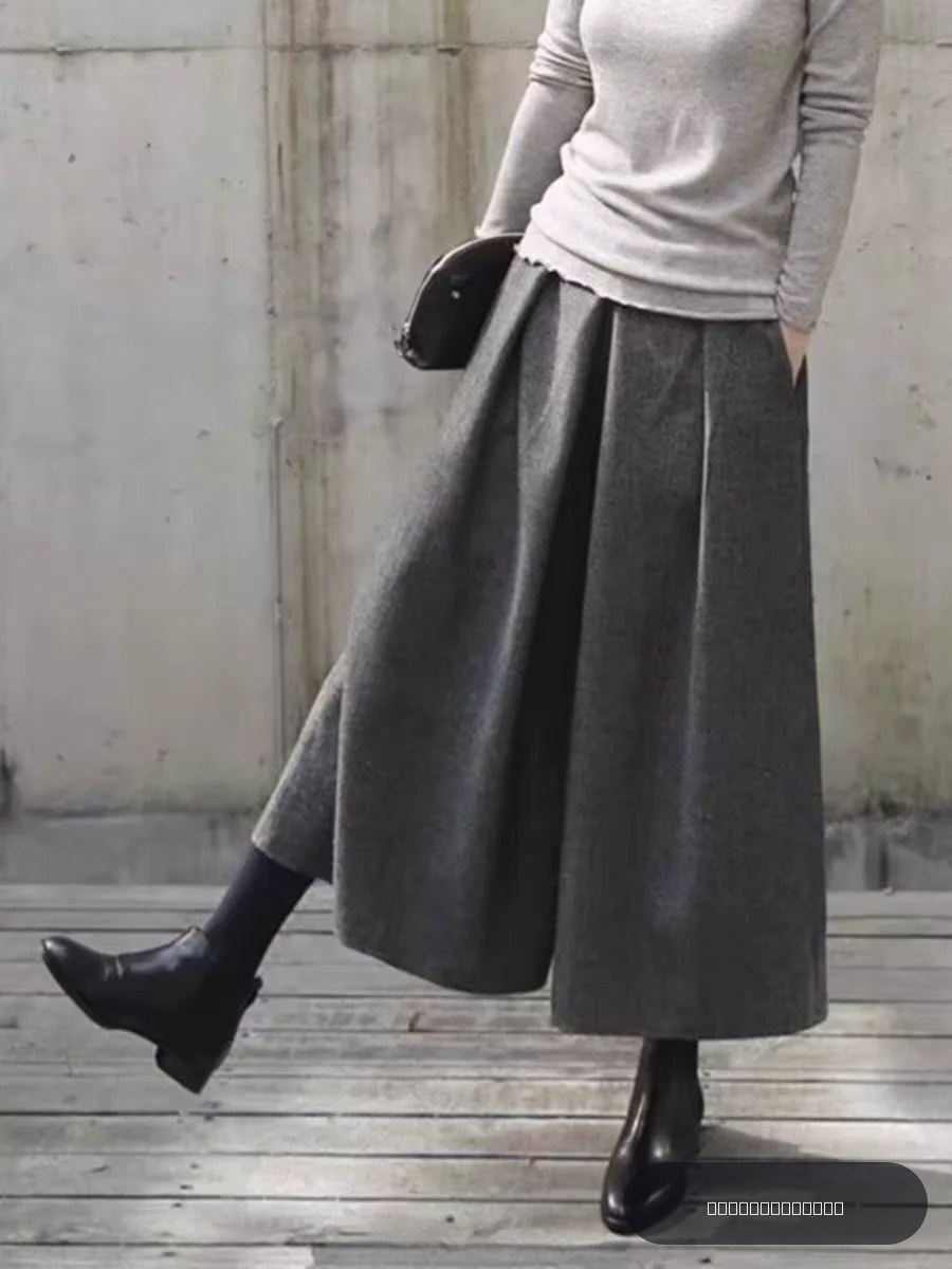 Pantalon jupe en laine gris pour femme, décontracté, taille haute, coupe ample, jambe large, amincissant et polyvalent, idéal pour l'automne et l'hiver