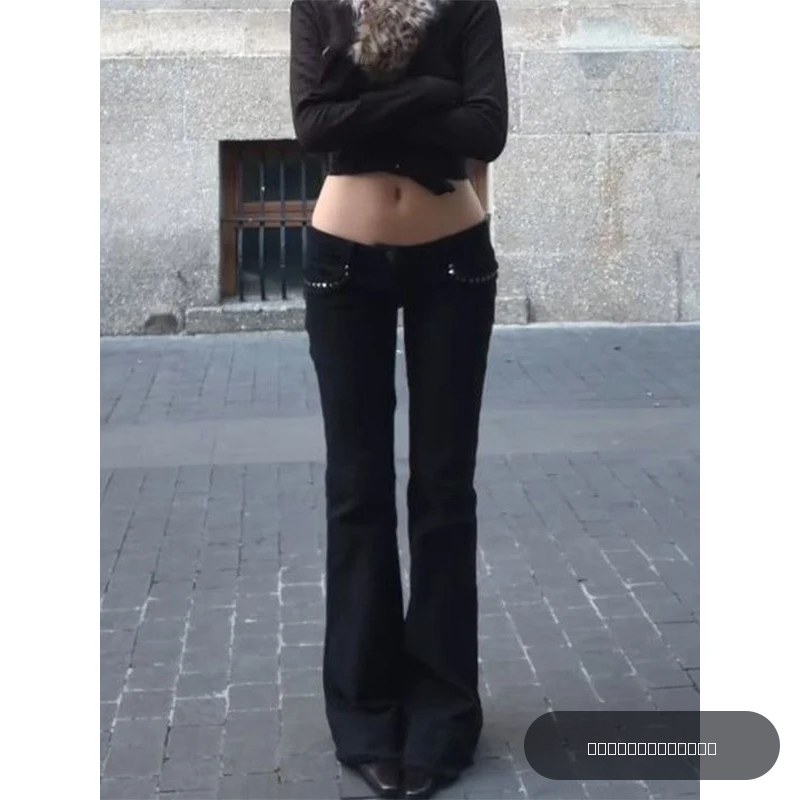 Jean évasé noir taille basse pour femme, style Gyaru, rétro américain, cyberpunk coréen, coupe trompette, Y2K, skinny, patte d'éléphant, nouveauté