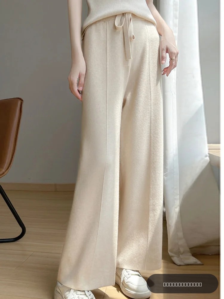 Pantalon ample en maille tricotée, taille haute, cordon de serrage, taille élastique, couture centrale, pantalon décontracté longueur au sol pour femme