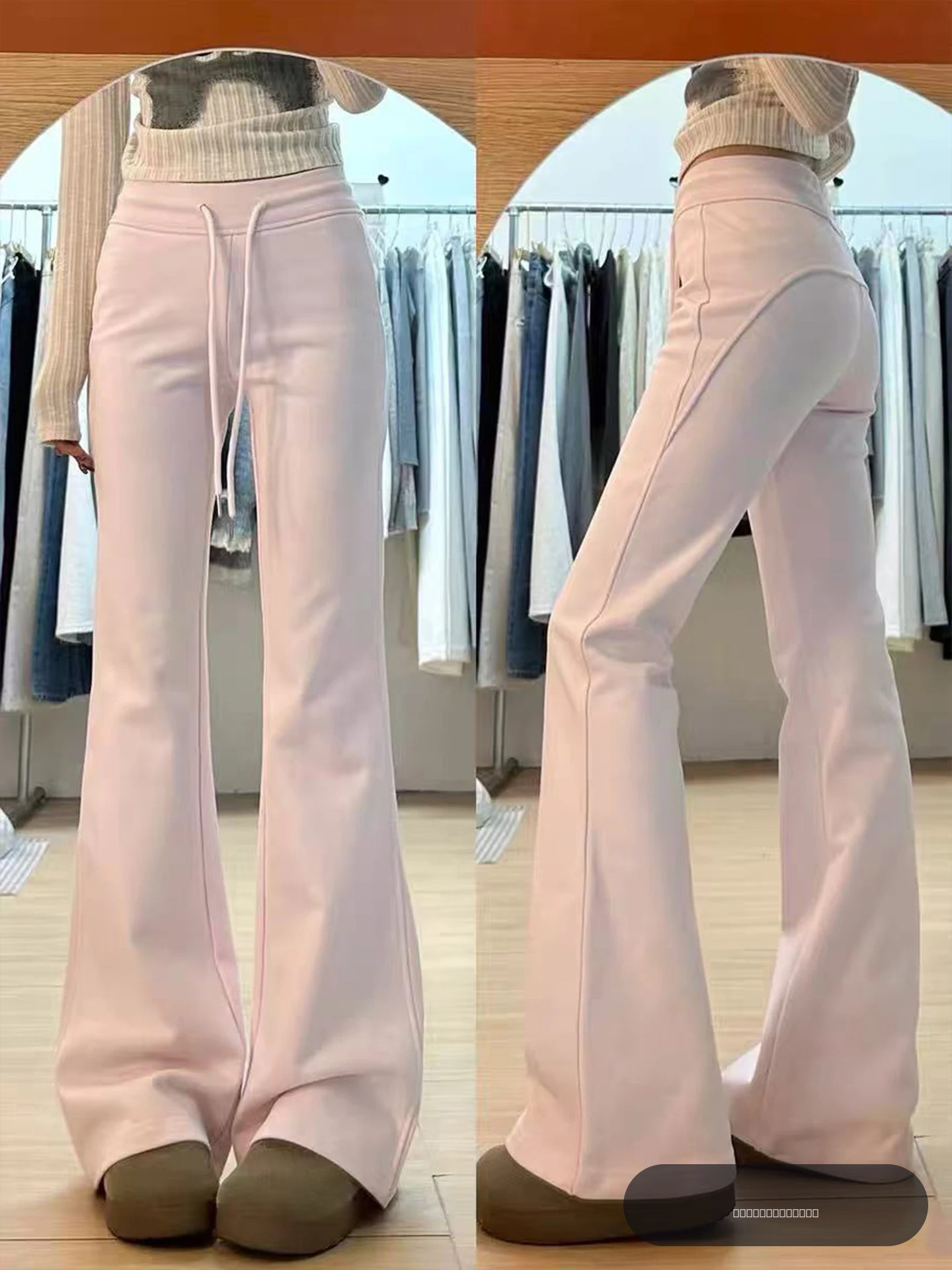 Pantalon décontracté évasé à taille haute doublé en polaire rose pour femmes, nouvelle collection automne 2026, style sportif, coupe ample, pantalon premium décontracté pour femmes.