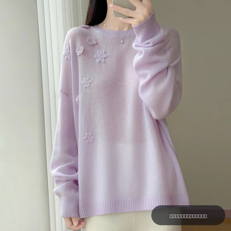 Nouveau pull pour femme automne-hiver, 100% laine pure, col rond, tricoté, manches longues, couleur unie, coupe ample et tendance.
