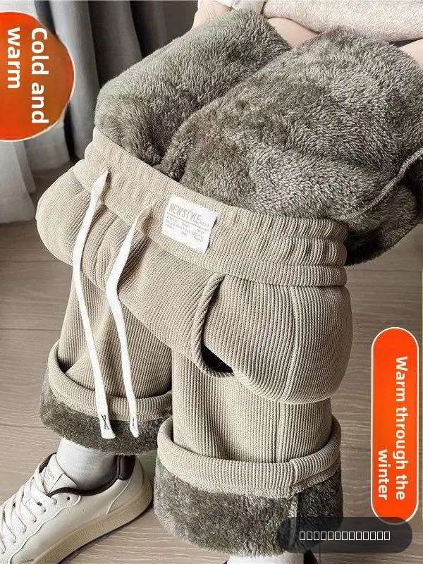 Pantalon large en velours d'agneau épais et chaud, taille haute, coupe droite, hiver, grande taille, vêtements décontractés pour femmes