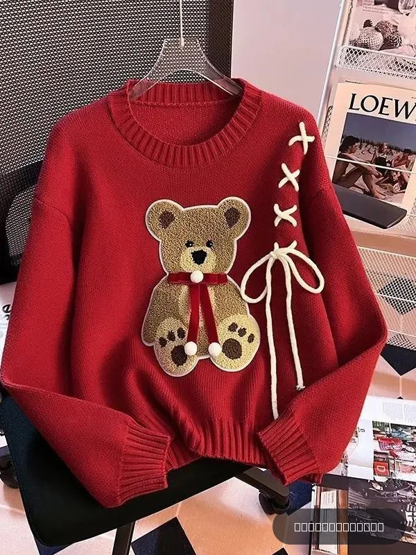 Pull en tricot rouge à motif d'ours de dessin animé, col rond, style ample, version coréenne, style décontracté, haut à manches longues pour jeunes femmes