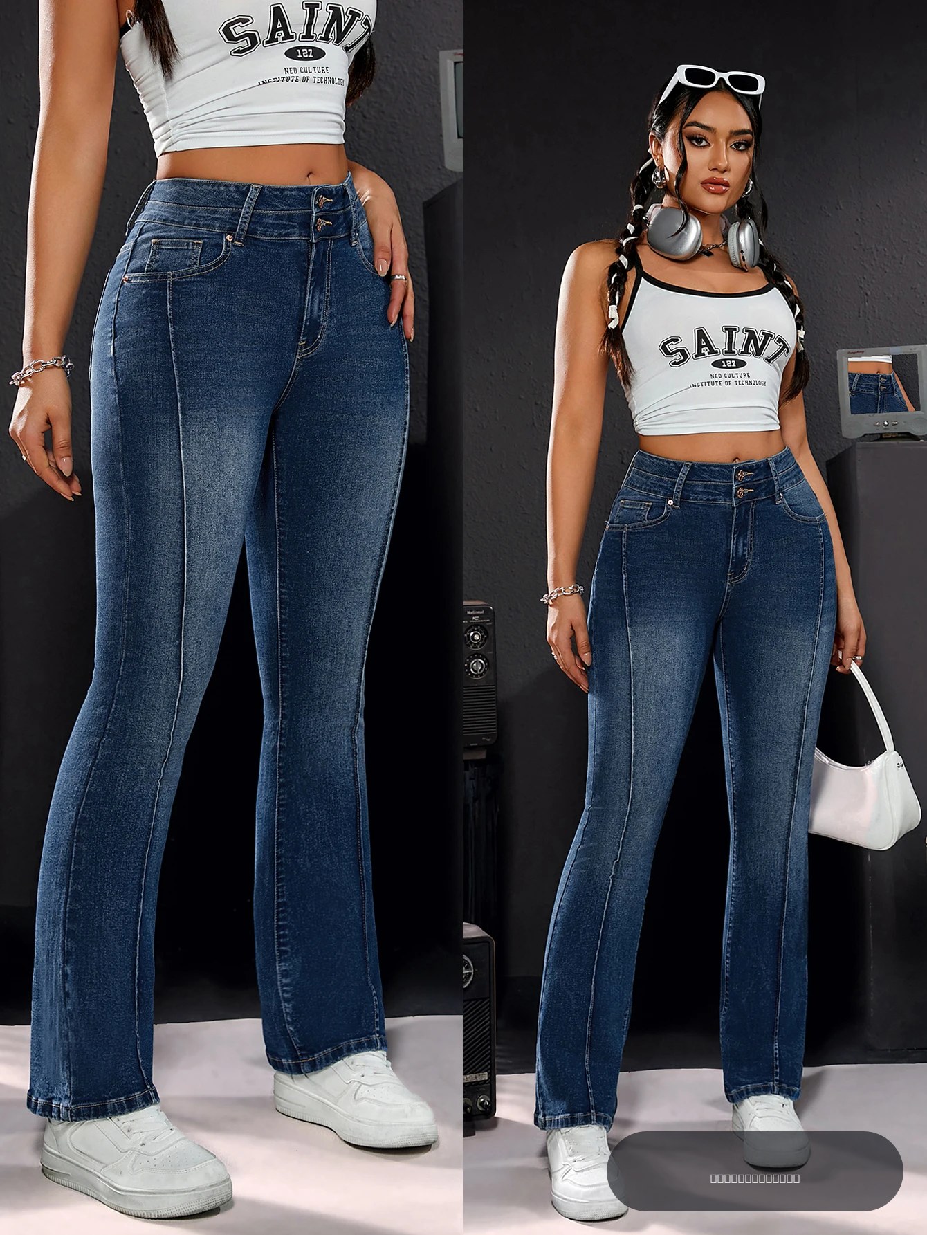 Pantalon en jean stretch taille haute pour femme, détails à double bouton, coupe confortable, jambe droite