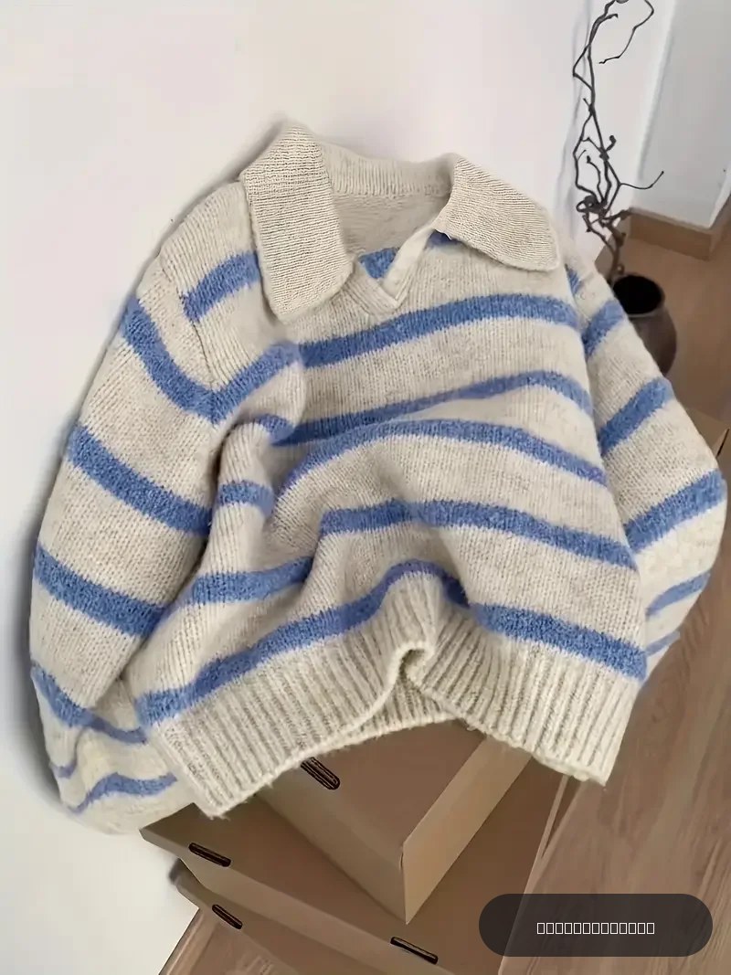 Sweat à capuche tricoté rayé à col POLO décontracté pour femmes, pull Intercolor doux et confortable