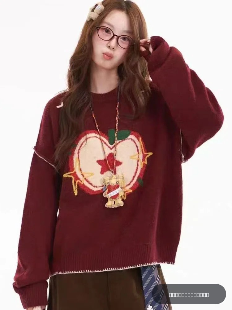 Pull de noël rouge mignon pour femmes, Vintage, Style Preppy, ample, imprimé, tricoté, automne, doux, paresseux, vent coréen, col rond, haut