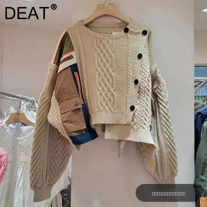DEAT 2026 Nouvelle Collection Automne – Pull Tricoté Irrégulier à Empiècements, Design Niche, Coupe Ample, Boutonnage Simple pour Femme 33A2043