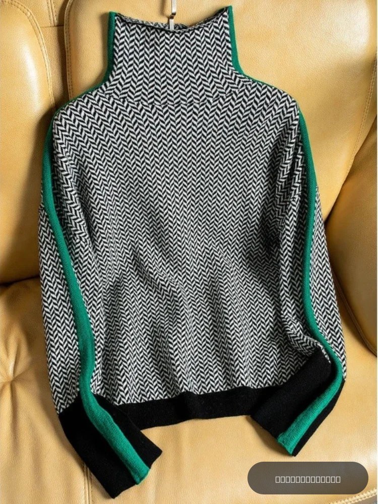 Women's Turtleneck Sweater, Warm, Elegant, Oversized, Casual, Retro, Contrast Color, Winter 2023