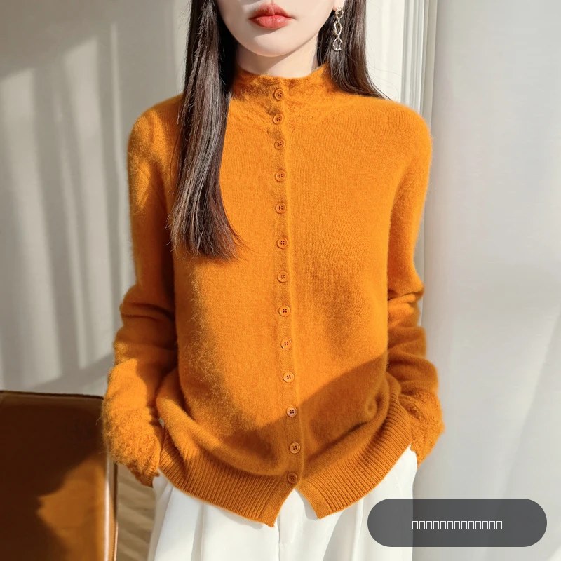 Cardigan en laine 100% pure pour femme, nouveau cardigan tricoté à col montant, chaud et tendance, à boutonnage simple, pull épais de couleur unie