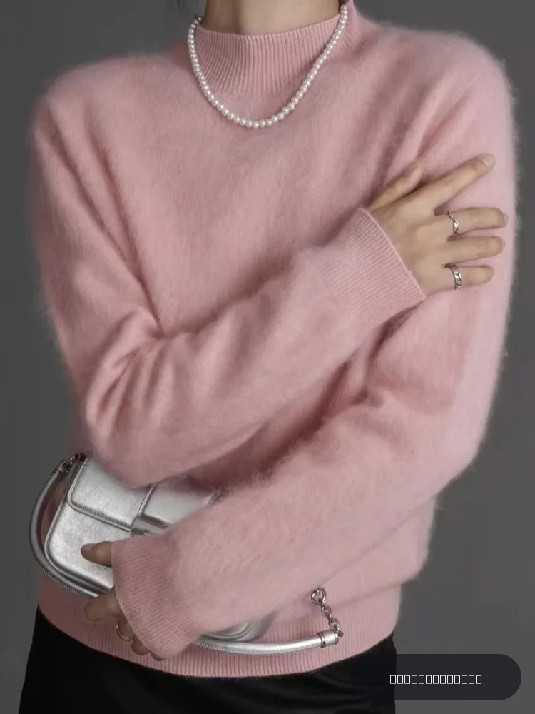 Pull chic pour femme en laine brossée 100% mérinos, pull chaud pour l'automne et l'hiver, col montant, manches longues, vêtements en polaire doux pour la peau