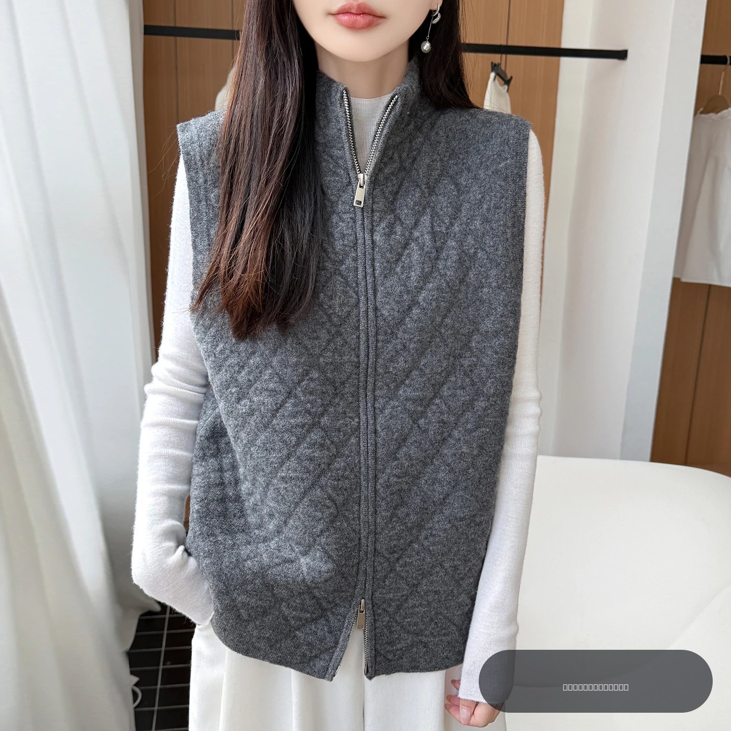 Gilet sans manches pour femme en laine mérinos 100 %, col montant, fermeture à double zip, tricot gaufré en losanges, collection automne-hiver