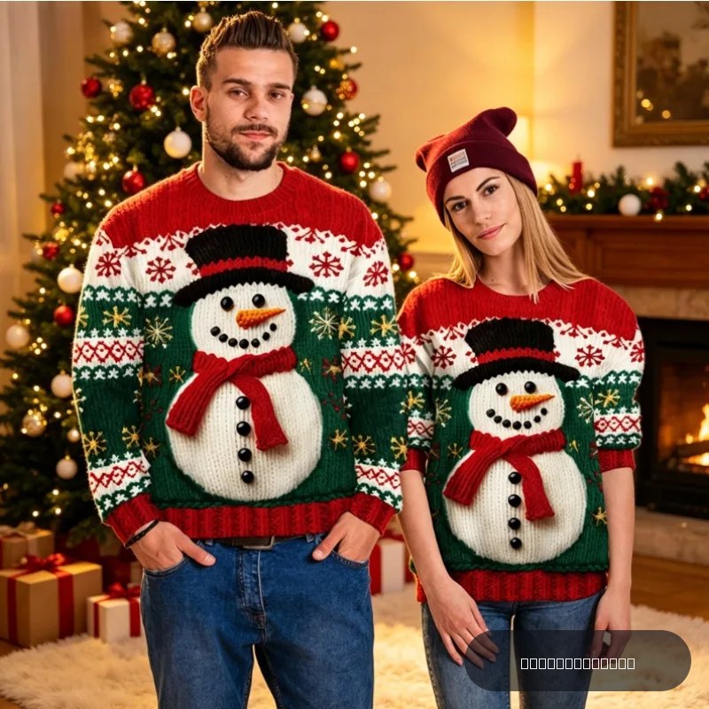 Pull léger imprimé à col rond pour femmes et hommes, motif hivernal intégral, manches longues, idéal pour les fêtes et le style urbain