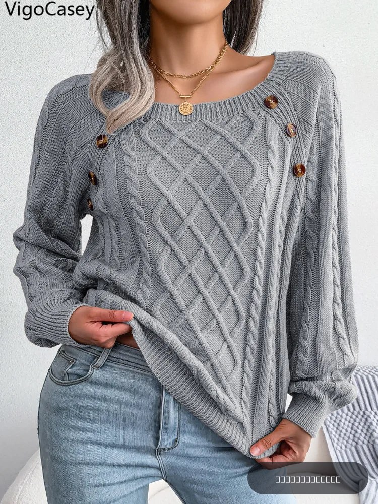 VigoCasey 2026 – Pull décontracté gris en maille pour femme, coupe ample avec boutons, manches longues lanternes, collection automne-hiver