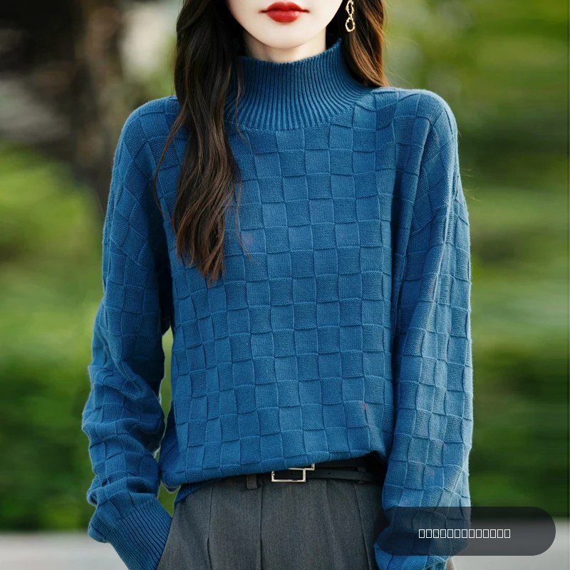 Pull à col mi-haut 100% coton pour femme, chemise à motif carré, mode tout haut, automne et hiver, nouveau