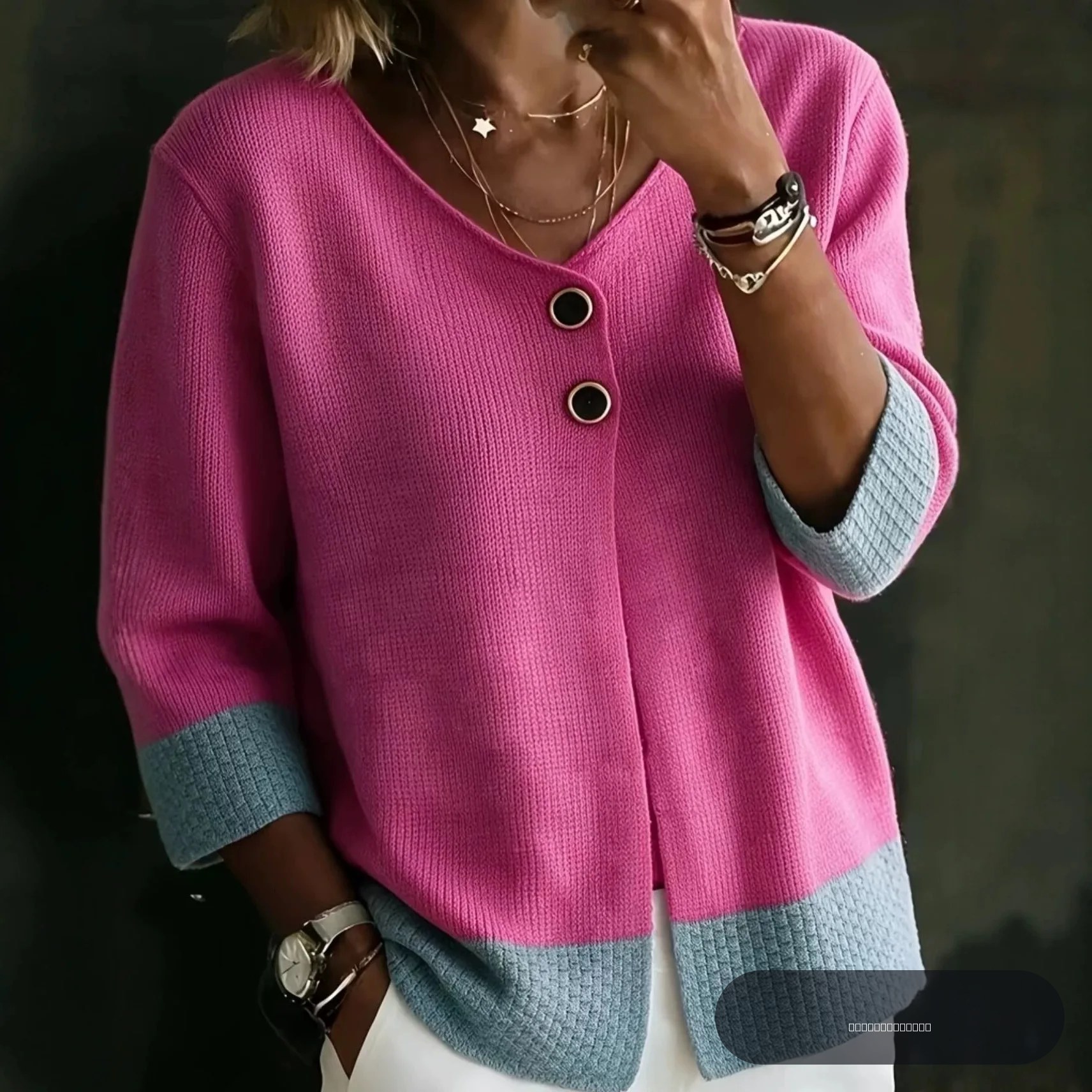 Cardigan en maille color block pour femme, col en V, gros boutons, manches trois-quarts, coupe ample, pull décontracté, manteau, hauts pour tous les jours
