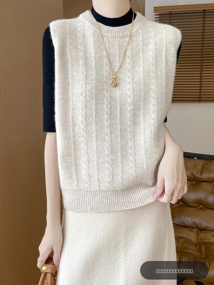 Pull en laine à col rond pour femme, gilet torsadé à fleurs, automne-hiver, 100 % laine mérinos, tricot sans manches, haut en cachemire