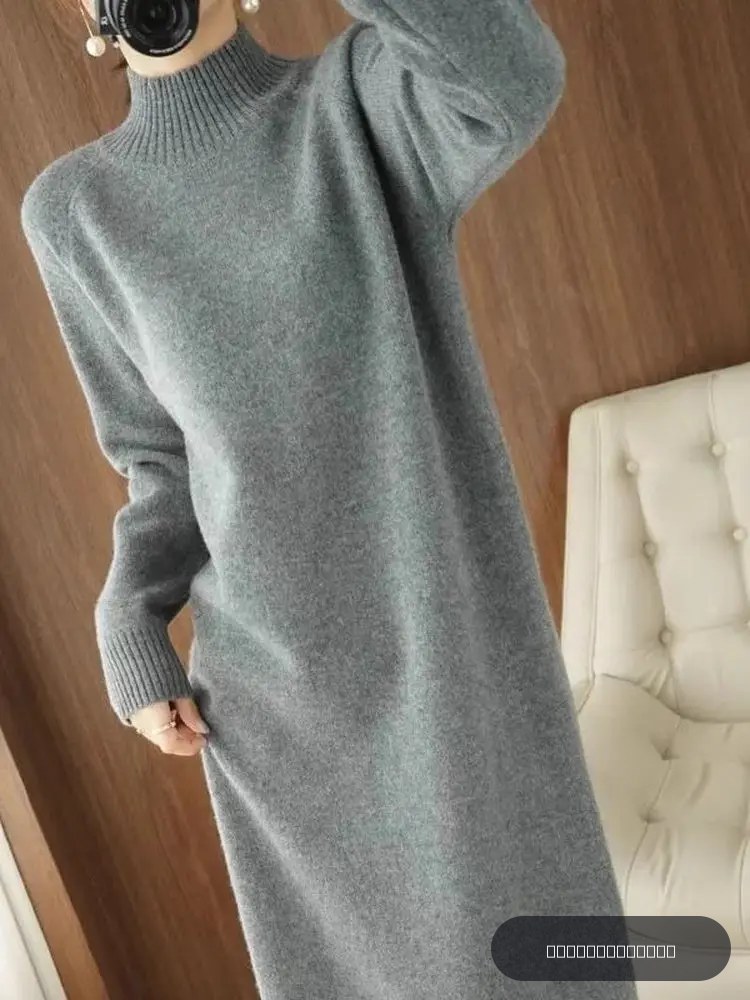 Robe pull mi-longue à col montant, coupe ample et amincissante, grande taille, automne-hiver, chemise basique simple pour femme