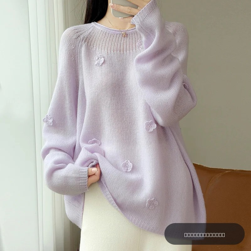 Pull tendance pour femme 100% laine pure, pull en tricot à col rond, couleur unie haut de gamme, manches longues pour femme.