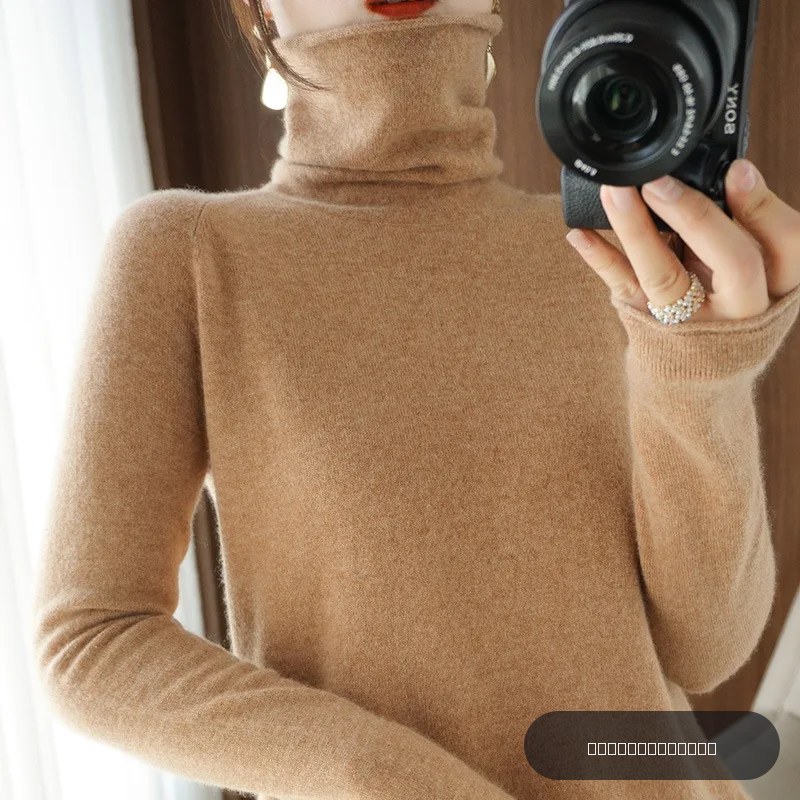 Femmes pull hiver cachemire col roulé chaud tricots coréen décontracté solide chemise à fond mode tricot pulls marron pull