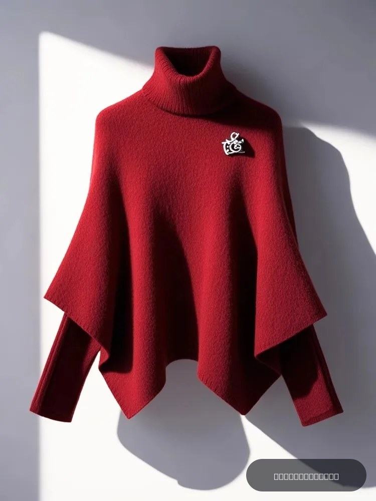 Pull en maille rouge de Noël, haut d'hiver élégant, style décontracté, magnifique pull cape à faux deux pièces pour le compte à rebours de Noël