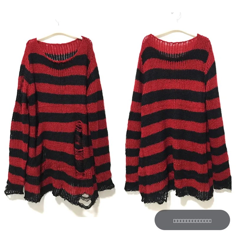 Nouveau pull gothique punk long unisexe d'été pour femmes, rayé, design cassé ajouré, ample, rock, coupe fine, foncé, streetwear