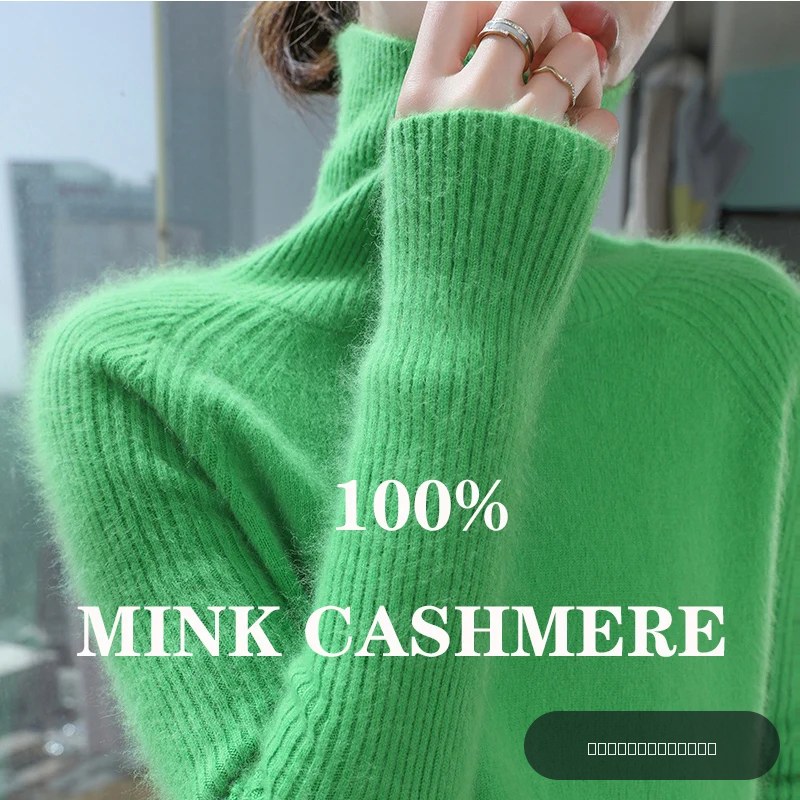 Pull en tricot pour femme automne-hiver 2025, nouveau pull en tricot à col montant en fausse fourrure de vison, ample, à manches longues, chaud, en cachemire