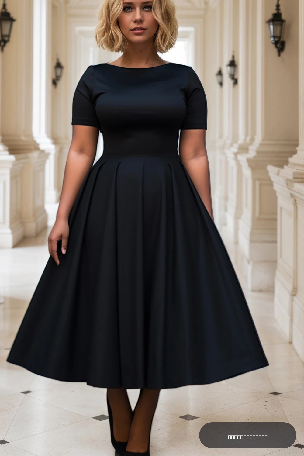 Femmes grande taille robe noire à manches courtes été décontracté plissé a-ligne basique longue robe col rond mode robes de soirée