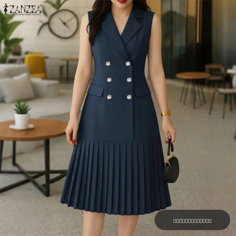 Robes Midi Plissées Élégantes pour Femme, Style Bureau, Col Cranté, Double Boutonnage, Sans Manches, Type Blazer, Été, Couleur Unie