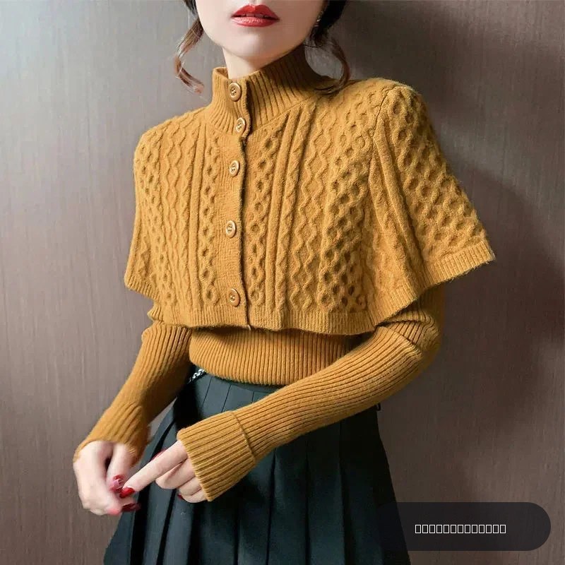 Tempérament Cape tricot deux pièces ensemble femmes nouvelle mode col en V à manches longues pull col montant tricot Cardigan châle costumes