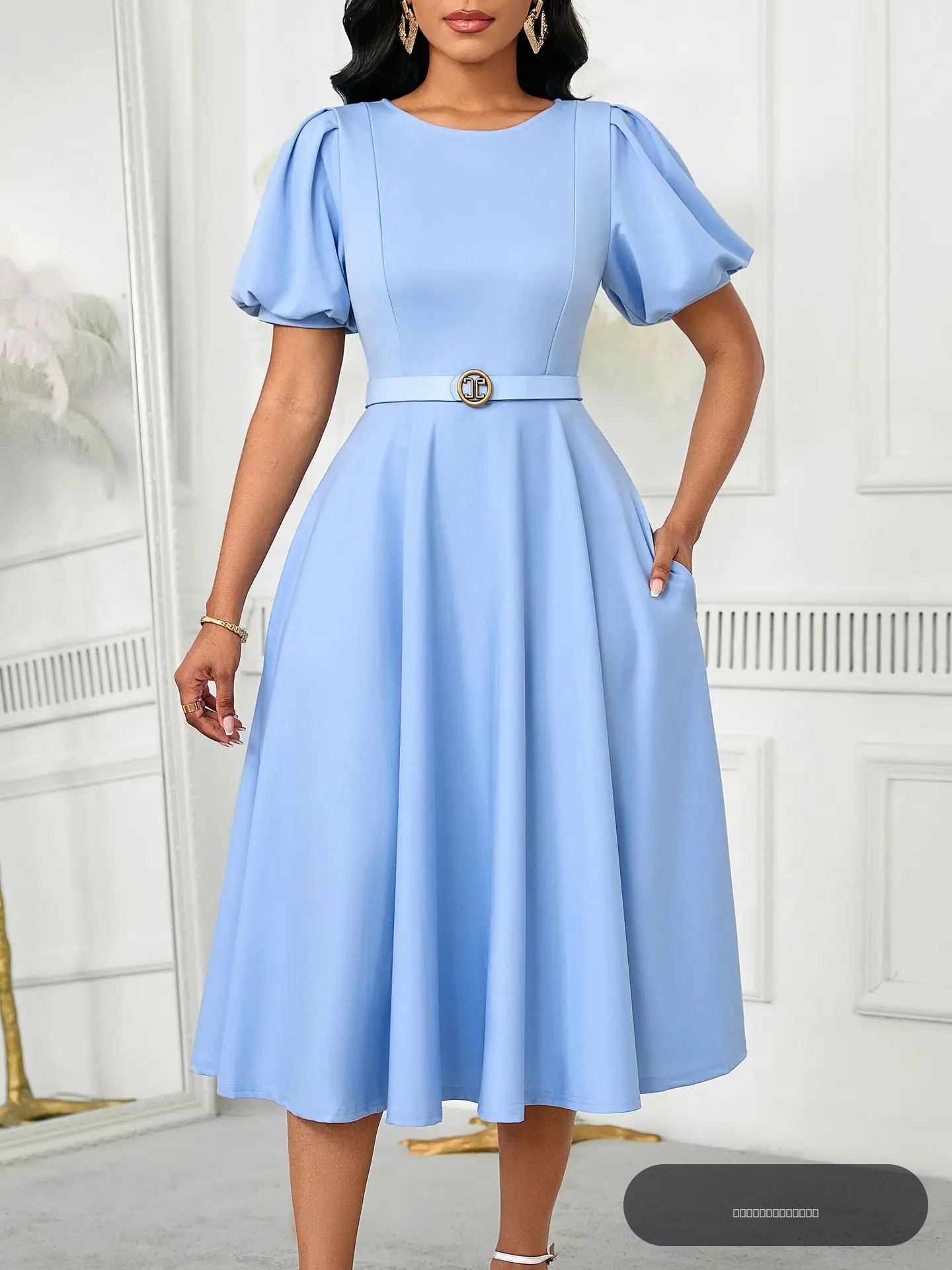 Robe d'été élégante à manches bouffantes et taille haute pour femme, 2025, couleur unie, col rond, ourlet ample, robe décontractée et tendance