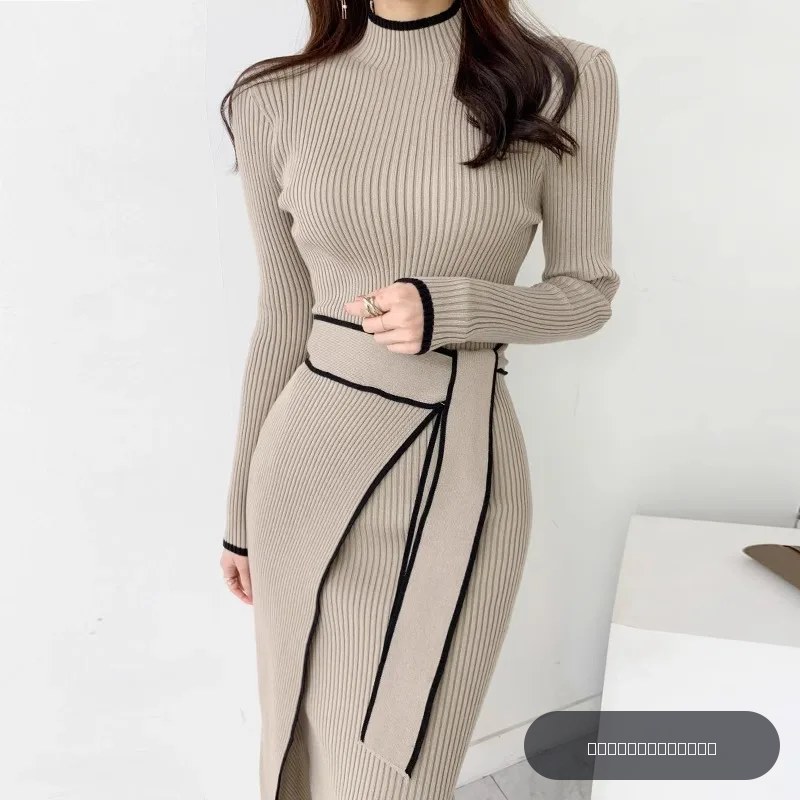 YuooMuoo élégant à lacets col roulé tricoté Robe longue mode coréenne kaki noir côtelé pansement moulante Robe pull Robe Femme