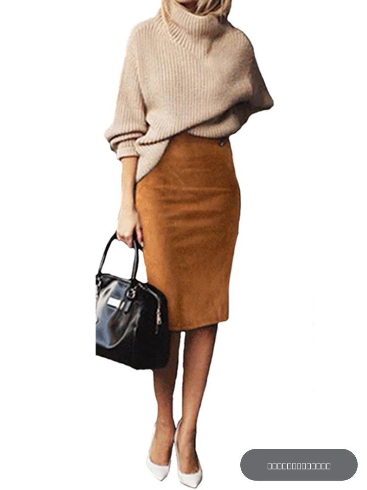 Jupe crayon mi-longue en daim multicolore pour femmes, Sexy, mode, élastique, taille haute, bureau, moulante, Saias, 2024