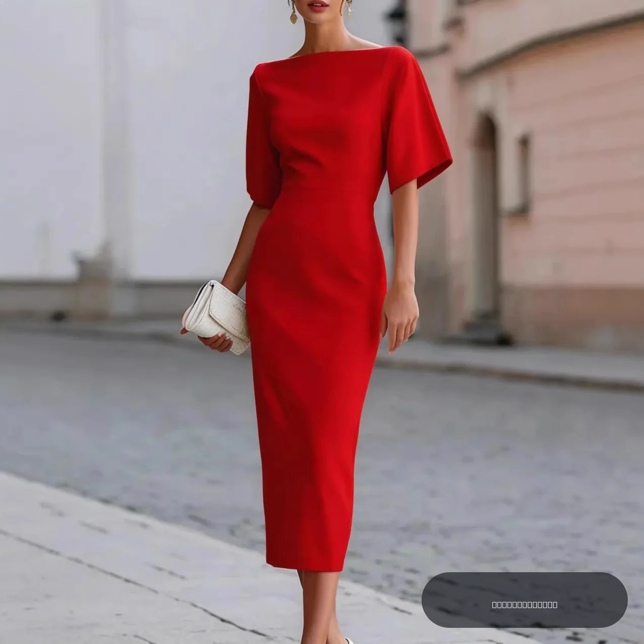 Robe fourreau midi à col bateau et manches chauve-souris, coupe ajustée, taille cintrée, style simple et épuré