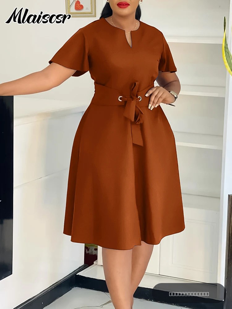 Robe Mlaiscsr col en V à manches courtes - Bureau femme mi-longueur - Mode soirée anniversaire élégant coupe droite ample 2025