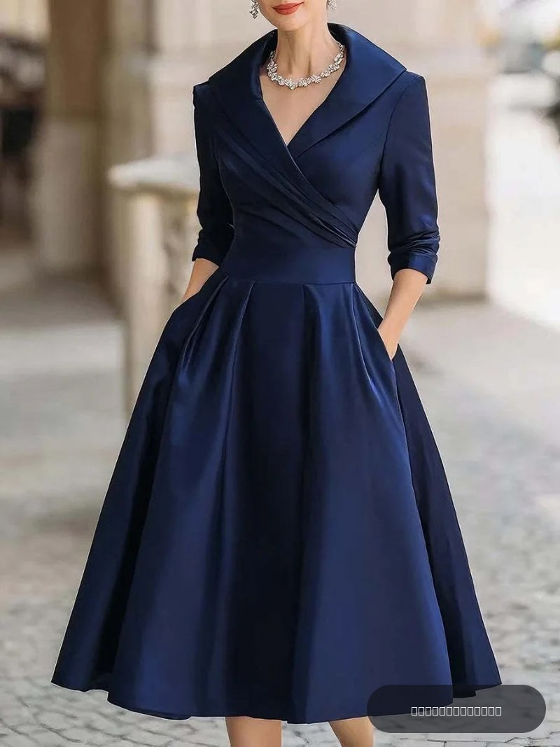 Robe mi-longue vintage pour femme, col en V, manches longues, taille cintrée, coupe trapèze, avec poches