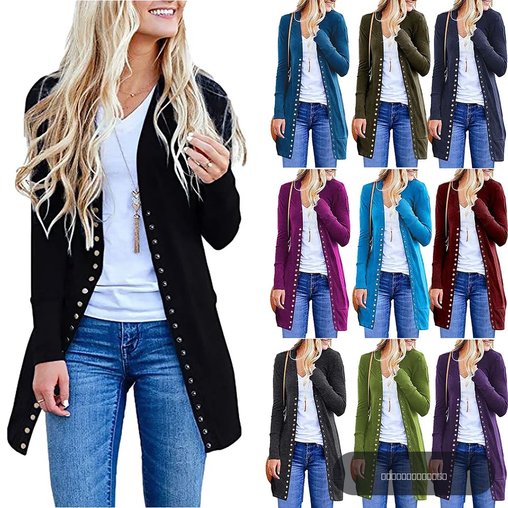 Cardigan en maille mi-longueur de style européen et américain, avec boutons décoratifs sur les côtés, coupe ample et ajustée, idéal pour les déplacements quotidiens, vêtement d'extérieur à manches longues